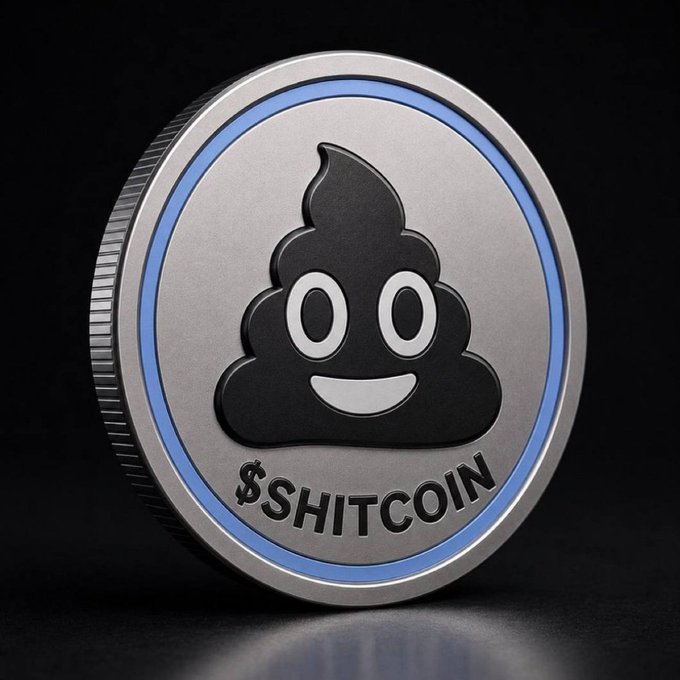The image features a silver coin with a black face, which has the words "SHTCOIN" written on it. The text is in white letters against a blue background. The coin appears to be a $FARTCOIN vibes only type of coin, and it is placed on a black surface.