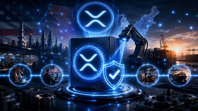 A digital illustration featuring a glowing blue cube with the XRP (Ripple) logo, surrounded by industrial and technological imagery, a shield with a checkmark, and an American flag in the background.