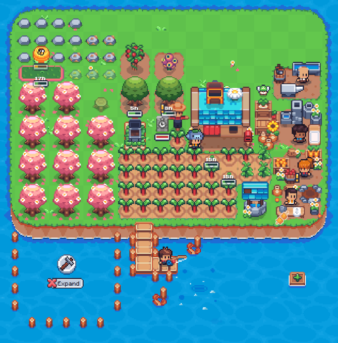 Pixel art farming game scene showing crops, characters, and an 'Expand' button over water.