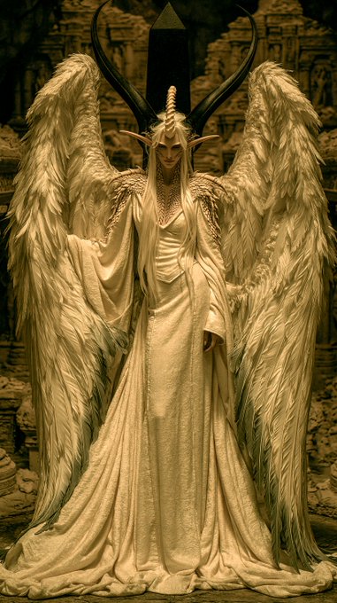 A fantasy illustration of a horned, winged figure in flowing white robes with large feathered wings and a spiked crown, set against an ancient stone background.