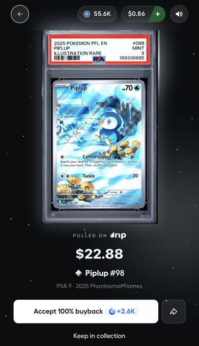 A mobile app screenshot displaying a graded PSA 9 Piplup Pokémon trading card (#98) from '2025 PhantasmalFlames', valued at $22.88, with an 'Accept 100% buyback' button visible.