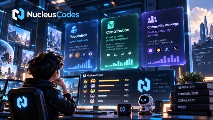A promotional graphic for NucleusCodes featuring a person at a computer with panels showing Reputation, Contribution, and Community Rankings.