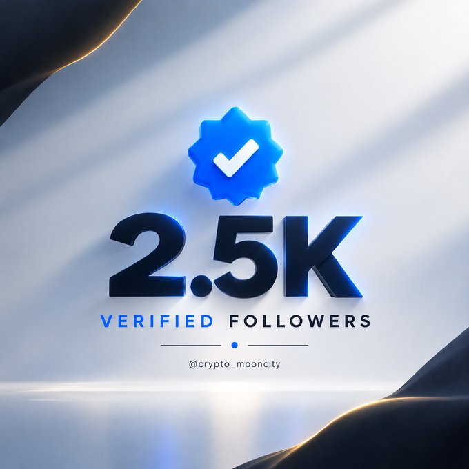 A 3D-rendered graphic celebrates a milestone, displaying a blue checkmark badge and the text '2.5K VERIFIED FOLLOWERS' for '@crypto_mooncity'.