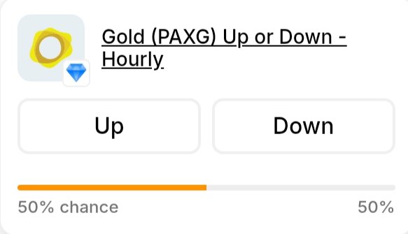 A prediction interface for 'Gold (PAXG) Up or Down - Hourly' showing 50% chance for both Up and Down outcomes.