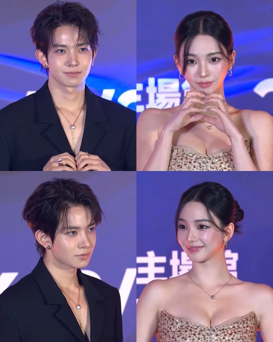 A four-panel collage shows a young man in a black blazer making a heart gesture alongside a young woman in a sparkly gold strapless dress, both posing on a red carpet event backdrop featuring Chinese characters (直播, meaning "live broadcast"). The images appear to be from the 2026 TIMA (Tencent International Music Awards) ceremony, capturing the two celebrities in various poses against the event's branded backdrop.