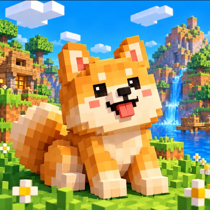 A cute voxel-style orange Shiba Inu dog sits happily in a Minecraft-inspired world with blocky grass, flowers, trees, a waterfall, and a small wooden house. The playful, wholesome aesthetic reflects the casual meme-coin vibe of the post teasing a crypto token drop ("$SOL ADDRESS").