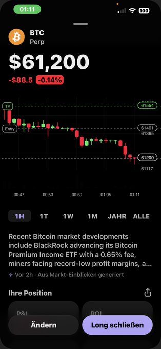 The image shows a black smartphone screen displaying a bitcoin price chart with a downward trend. The chart includes the time of the day, Bitcoin symbol, and current market value, as well as an overlay of currency pairs like US dollar and euro. It also has text that explains a recent development in Bitcoin mining technology, which is focused on reducing costs for miners while increasing their profits.