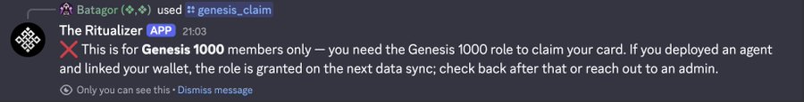 A Discord message from "Batagor" using the `#genesis_claim` command shows an error from "The Ritualizer" app stating the command is for "Genesis 1000 members only," illustrating the user's frustration about not being eligible for the Ritual network's Genesis claim.
