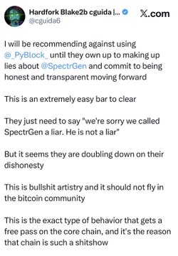 A screenshot of a tweet from Hardfork Blake2b (@cgajda6) recommending a boycott of @PyBlock_ until they apologize for lies about @SpectrGen, calling their behavior "bullshit artistry" damaging to the bitcoin community.