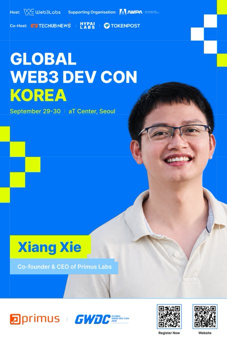 Speaker announcement poster for Global Web3 Dev Con Korea (September 29-30 at T Center, Seoul) featuring Xiang Xie, Co-founder & CEO of Primus Labs, hosted by Web3Labs.