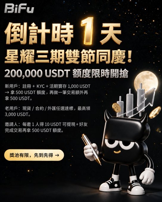A BiFu exchange promotional poster in Chinese announcing a 1-day countdown event with 200,000 USDT prize pool and featuring a black mascot character.