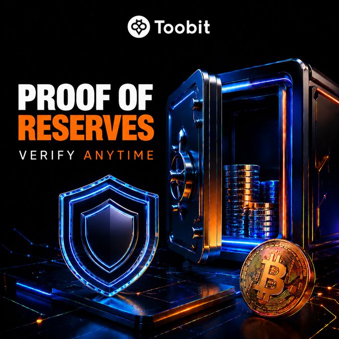 A promotional graphic for Toobit featuring a glowing blue vault filled with gold coins, a shield icon, a Bitcoin, and the text 'PROOF OF RESERVES VERIFY ANYTIME'.