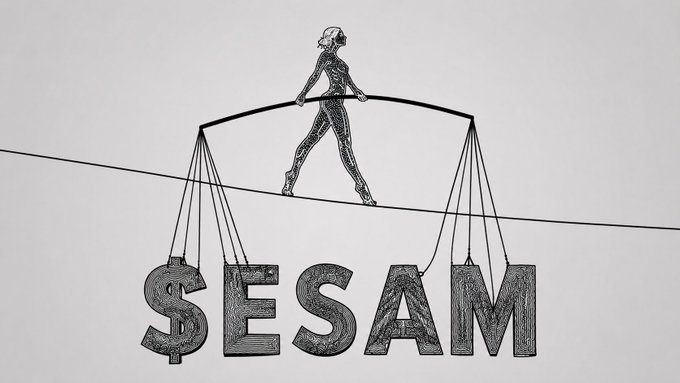 A black-and-white conceptual illustration depicts a skeletal figure walking across a tightrope while balancing a bar that suspends large block letters spelling '$ESAM' (SESAM).