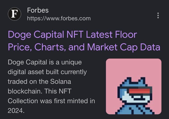 A Forbes preview card shows an article titled "Doge Capital NFT Latest Floor Price, Charts, and Market Cap Data," describing Doge Capital as a digital asset NFT collection on the Solana blockchain first minted in 2024, featuring a pixelated blue character with a red visor. The image relates to the post by highlighting the Doge Capital NFT collection that serves as a gating requirement to access the $NFA token, reinforcing the project's emphasis on community exclusivity and fair launch structure with no team allocation.