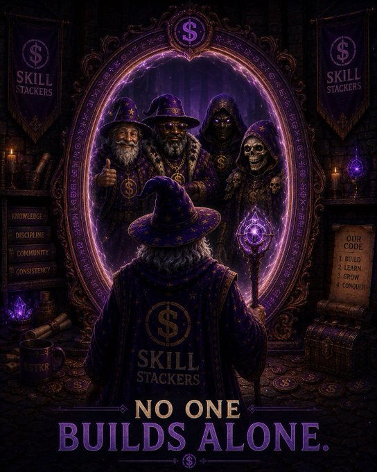 A dark fantasy illustration shows a wizard in purple robes facing a magical mirror reflecting other figures, with banners reading 'SKILL STACKERS' and text 'NO ONE BUILDS ALONE.' at the bottom.