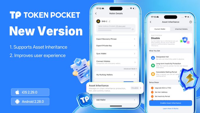 A promotional graphic for the 'TP TOKEN POCKET New Version' app update, highlighting new features like 'Asset Inheritance' and improved user experience, with iOS 2.29.0 and Android 2.28.0 versions listed.