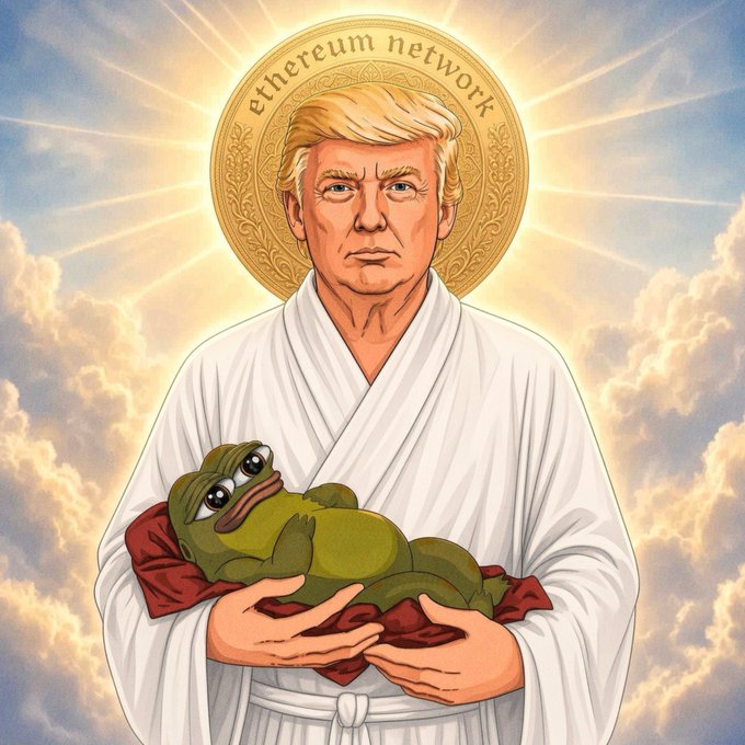 A satirical illustration depicting Donald Trump in white robes with a halo labeled 'ethereum network', cradling a sad Pepe the Frog against a heavenly cloudscape.