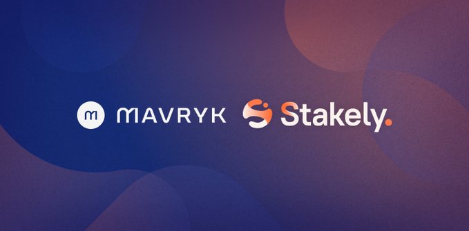 A co-branded logo banner displaying 'MAVRYK' and 'Stakely' side by side on a gradient blue and purple background with soft circular shapes.