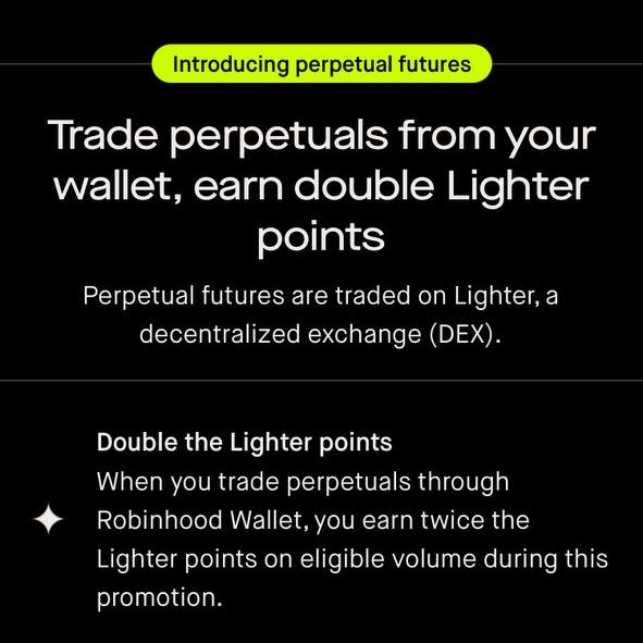 A promotional graphic announces 'Introducing perpetual futures' with details explaining that trading perpetuals on the decentralized exchange (DEX) Lighter via Robinhood Wallet earns double Lighter points.