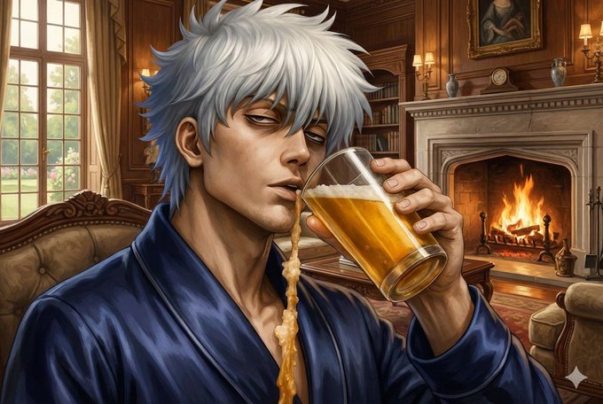 An anime-style illustration shows a muscular man with messy silver hair wearing a dark blue robe, drinking from a glass of beer with some liquid spilling down his chin, set in an elegant room with a lit fireplace.