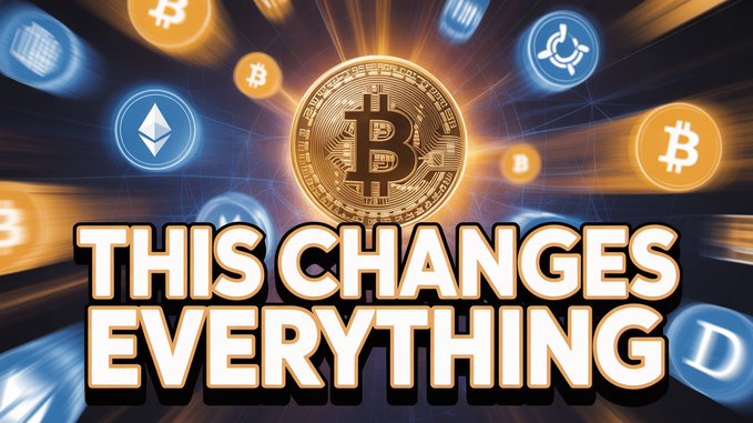 A digital graphic features a central golden Bitcoin coin surrounded by various cryptocurrency icons, including Bitcoin, Ethereum, and Cardano logos, set against a dark background with light rays. Bold white text at the bottom reads "THIS CHANGES EVERYTHING," aligning with the post's dramatic message about a major shift in the crypto market, including developments impacting Cardano (ADA).