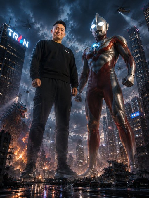 A young man wearing a black "TRXON" sweatshirt stands confidently beside a towering Ultraman-like superhero figure in a destroyed cityscape, with a Godzilla-like monster visible in the background and "TRXON" signage on skyscrapers. The image playfully addresses the post's theme about prejudices and criticisms of height by depicting Justin Sun (founder of TRON) standing tall alongside a giant superhero, visually countering any perceived "height" criticism while showcasing the TRXON brand prominently.