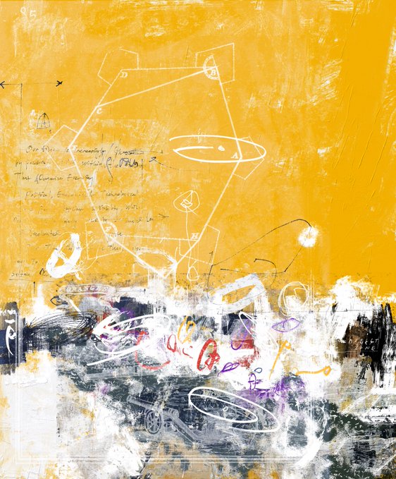 An abstract painting with a yellow upper half featuring geometric white line drawings and handwritten text, transitioning to a chaotic lower half with white, black, purple, and red brushstrokes.