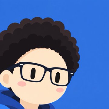 A digital illustration of a young boy with curly dark hair, black glasses, and rosy cheeks wearing a blue hoodie against a blue background.