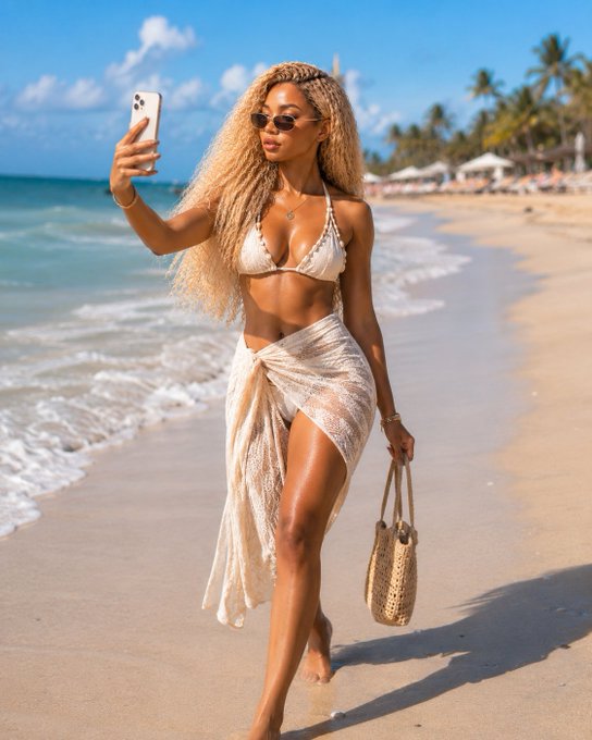 A woman with voluminous curly blonde hair takes a selfie on a tropical beach while wearing a white lace bikini top and a matching sarong, holding a woven straw bag.