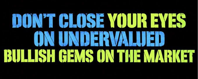 The image features bold text in blue and yellow on a black background reading "DON'T CLOSE YOUR EYES ON UNDERVALUED BULLISH GEMS ON THE MARKET," serving as a visual headline that reinforces the post's message about recognizing hidden investment opportunities like $LNQ.