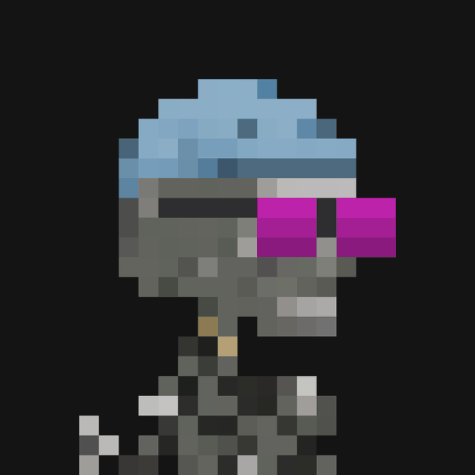 A pixel art character sprite in profile view featuring a light blue head covering, dark face, and purple visor or goggles against a black background.