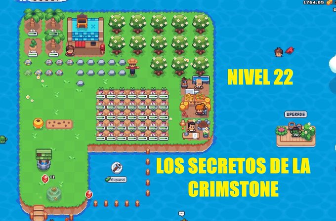 A pixel art game scene displays a coastal farm with crops, trees, and characters alongside the title text "NIVEL 22 LOS SECRETOS DE LA CRIMSTONE" and an "UPGRADE" sign, matching the post's focus on explaining Crimstone secrets in Sunflower Land. The colorful top-down view showcases the in-game environment where players gather resources tied to the Crimstone mechanic being discussed.