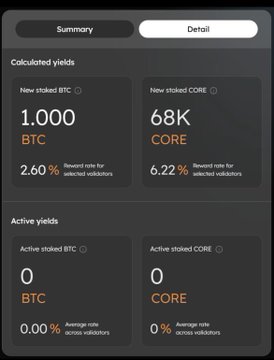 A mobile app shows staking rewards with New staked BTC at 1.000 (2.60% reward rate) and New staked CORE at 68K (6.22% reward rate), with both active fields at 0.