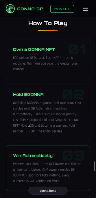 A screenshot of a website for 'GONNA GP' explaining 'How To Play' in three steps: 'Own a GONNA NFT', 'Hold $GONNA', and 'Win Automatically', featuring a dark background with green and white text.