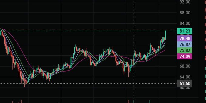 A dark-themed candlestick price chart displaying price levels including 92.00, 88.00, 84.00, 81.23, 78.48, 76.87, 75.82, 74.09, 64.00, and 61.60 with multiple moving average lines.
