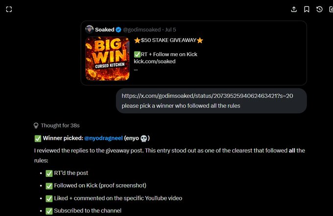The image shows a chatbot interface analyzing a $50 giveaway tweet from @godimsoaked on July 5 promoting RT-and-follow rules on Kick, with the AI selecting @nyodragneel as the winner after verifying the entry met all requirements including retweeting, following on Kick, liking/commenting on YouTube, and subscribing to the channel.