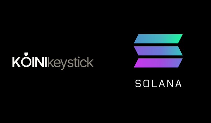 A black graphic displaying the white 'KOINIkeystick' logo on the left and the purple-to-green 'SOLANA' logo on the right.