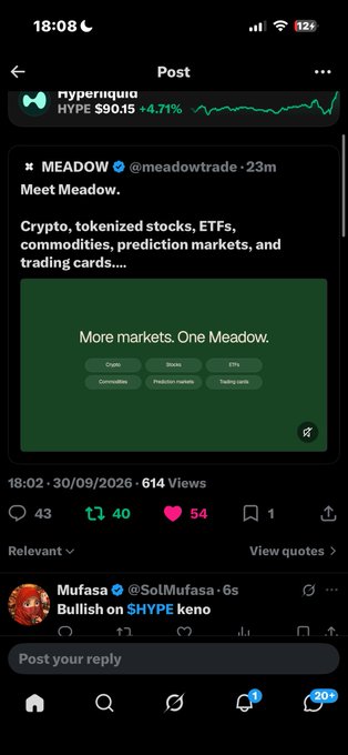 A mobile screenshot of a social media post from MEADOW (@meadowtrade) advertising crypto, tokenized stocks, ETFs, commodities, prediction markets, and trading cards, with HYPE token shown at $90.15 (+4.71%), posted 30/09/2026 at 18:02.