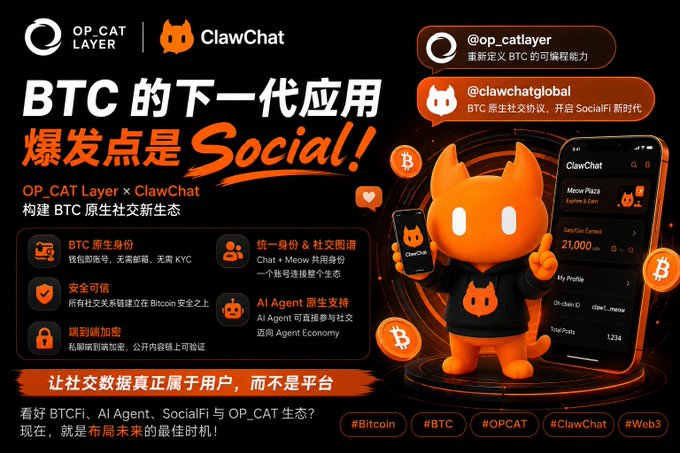 A promotional graphic in Chinese for OP_CAT Layer x ClawChat, titled "BTC 的下一代应用爆发点是 Social!" (The next explosive application for BTC is Social!), advertising Bitcoin's native social ecosystem and SocialFi features.