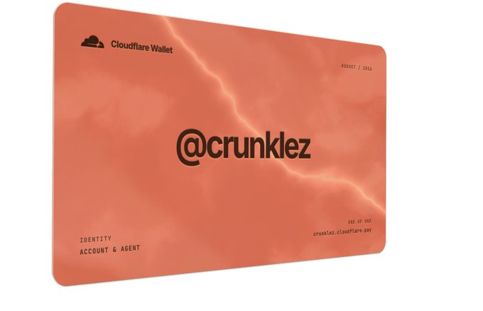 A coral-orange Cloudflare Wallet card for user @crunklez, labeled 'IDENTITY ACCOUNT & AGENT' and dated August 2026, featuring a background of dramatic storm clouds with lightning.