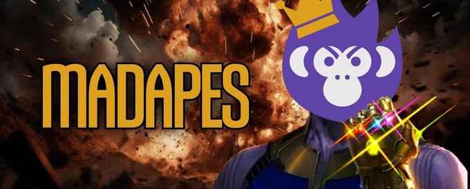 A promotional banner for "MADAPES" features Thanos wearing a purple ape logo with a crown, set against an explosive background, highlighting the platform's recent 24-hour trading performance of various meme coins with impressive multipliers ranging from 3.5x to 21x.