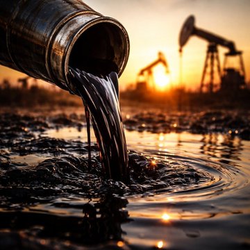 Thick, black crude oil pours from a pipe into a slick puddle at sunset, with silhouettes of pumpjacks operating in the background, visually reinforcing the post's depiction of disrupted oil supply as Brent crude prices climb toward $108 following the Saudi East-West pipeline shutdown.