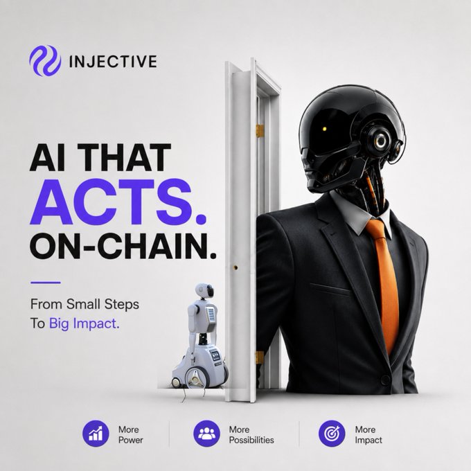 Promotional graphic for Injective featuring a humanoid robot in a black suit and orange tie emerging from a doorway, with the tagline 'AI THAT ACTS. ON-CHAIN. From Small Steps To Big Impact' and icons for 'More Power', 'More Possibilities', and 'More Impact'.