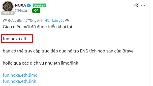A Twitter post by user "NOXA" (@Noxa_Fi) announces a new interface deployed at "fun.noxa.eth," accessible via ENS or services like eth.limo/link.