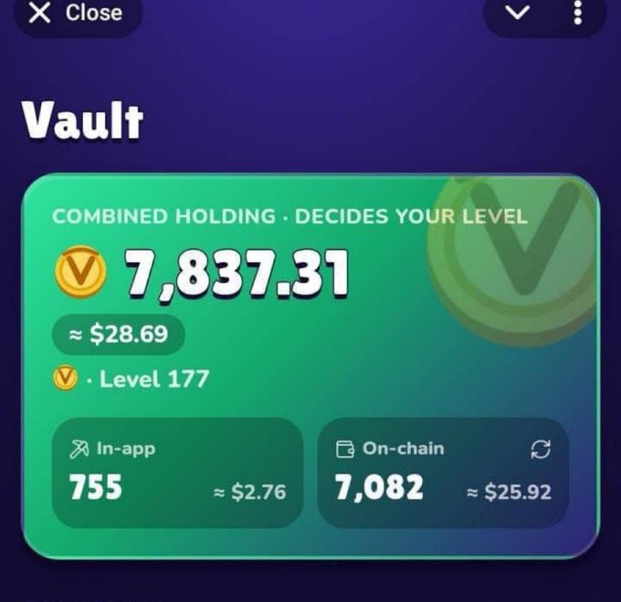 A screenshot of a 'Vault' screen showing a combined holding of '7,837.31' (V tokens), 'Level 177', and separate amounts for 'In-app' (755) and 'On-chain' (7,082).