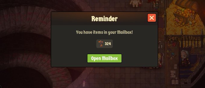 A video game reminder popup stating 'You have items in your Mailbox!' showing 324 items with a green 'Open Mailbox' button.