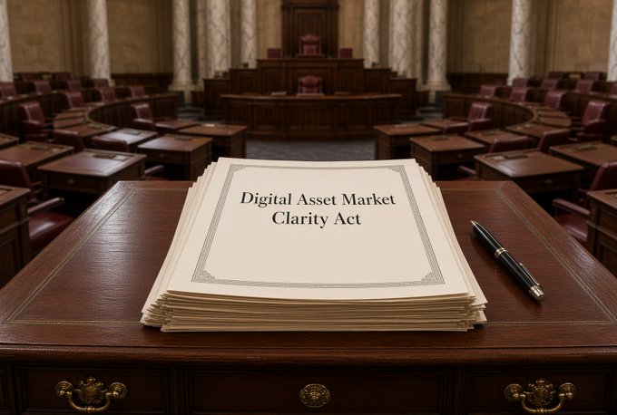 A stack of documents labeled "Digital Asset Market Clarity Act" rests on a wooden desk in an empty legislative chamber, with a pen placed beside it. The image visually represents the revised Clarity Act draft ahead of the Senate's September 15 cloture vote, symbolizing the ongoing legislative efforts to regulate digital assets and DeFi protocols.