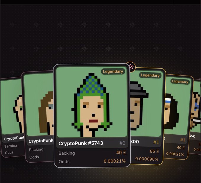 Digital collectible cards of Legendary CryptoPunks including #5743, #300, and others, showing backing odds and rare pixelated character portraits on a dark background.