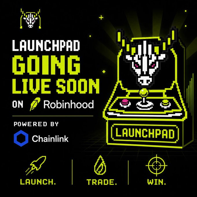 A pixel-art arcade-style promotional graphic announces "LAUNCHPAD GOING LIVE SOON ON Robinhood," powered by Chainlink, featuring a green alien character at an arcade cabinet with the call-to-action icons "LAUNCH. TRADE. WIN." at the bottom, visually reinforcing the post's message about an upcoming Robinhood launchpad partnership with Chainlink and @RealManyu.