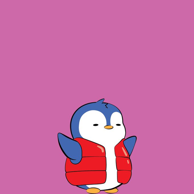 A cartoon penguin wearing a red puffer vest against a solid pink background.